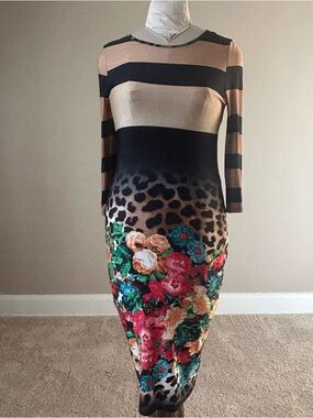 Floral & Leopard-Print Long Sleeve Midi Dress in Black and Tan